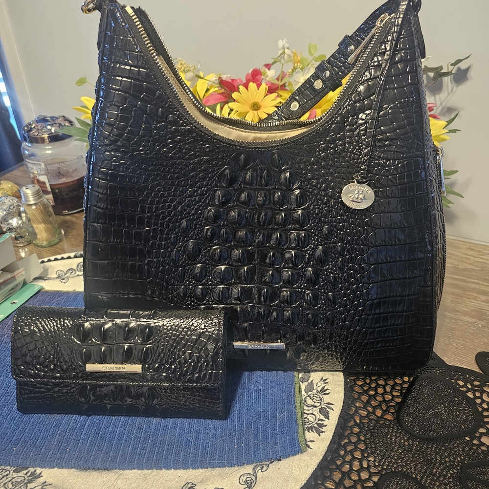 Brahmin Black Crocodile-Embossed Hobo Bag
